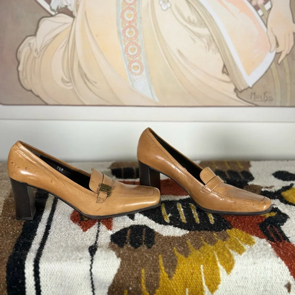 Made in Italy Via Spiga Studio Tan Leather Square Toe Block Heel Shoes 7.5 M - Picture 2 of 8